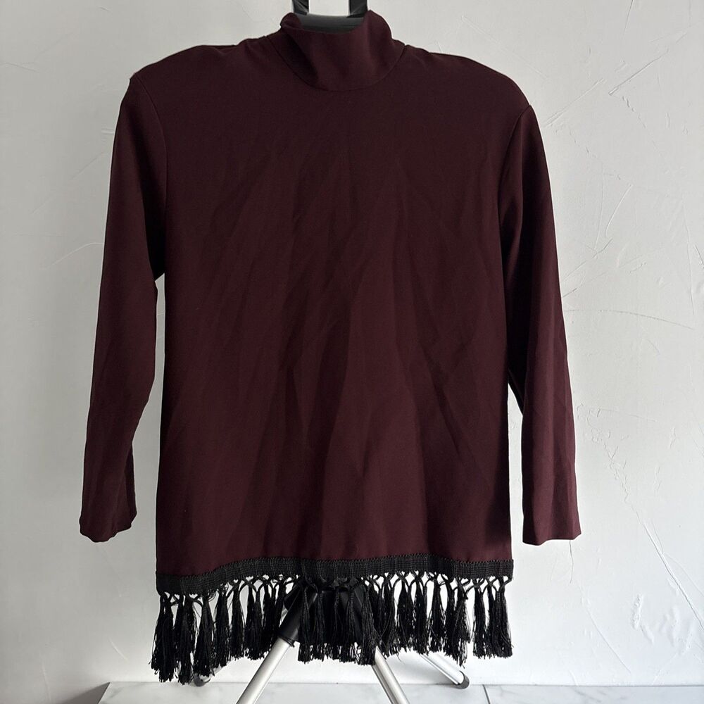 Zara Woman Burgundy High Mock Neck Tassel Fringe Hem Top Tunic XS